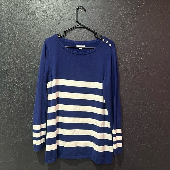 NAUTICA Women’s White/Blue Striped 100% Cotton Sweater Size XL - Picture 1 of 8